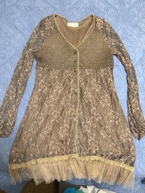 A'Reve Neutral Beige Knit Top with Delicate Lace Trim